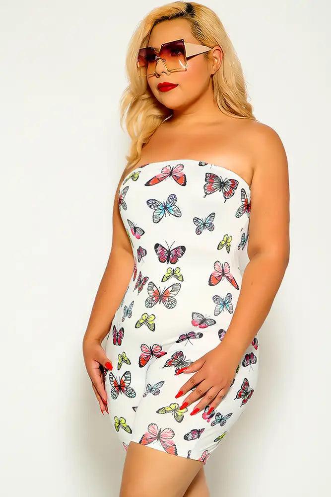 White Butterfly Print Strapless Plus Size Romper - AMIClubwear