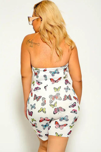 White Butterfly Print Strapless Plus Size Romper - AMIClubwear