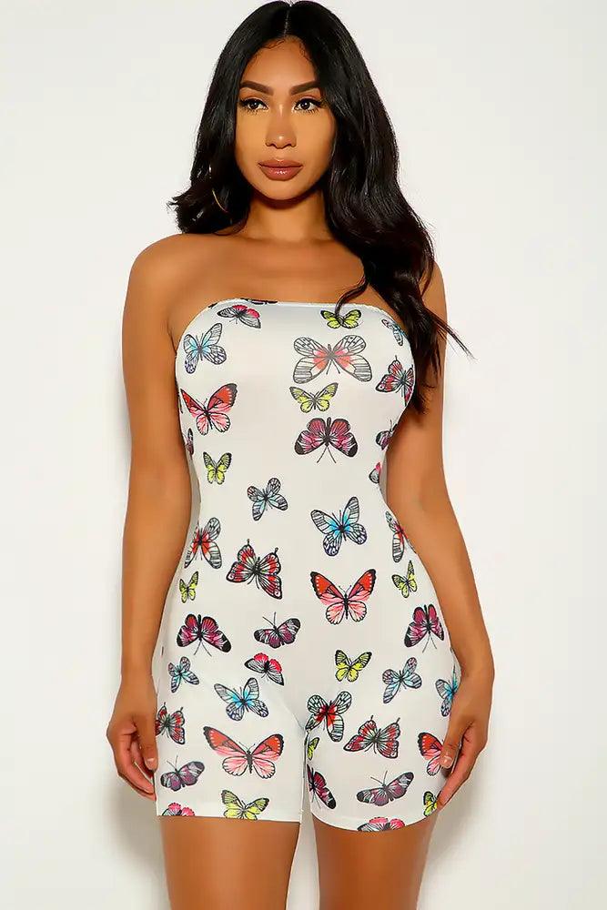 White Butterfly Print Strapless Romper - AMIClubwear