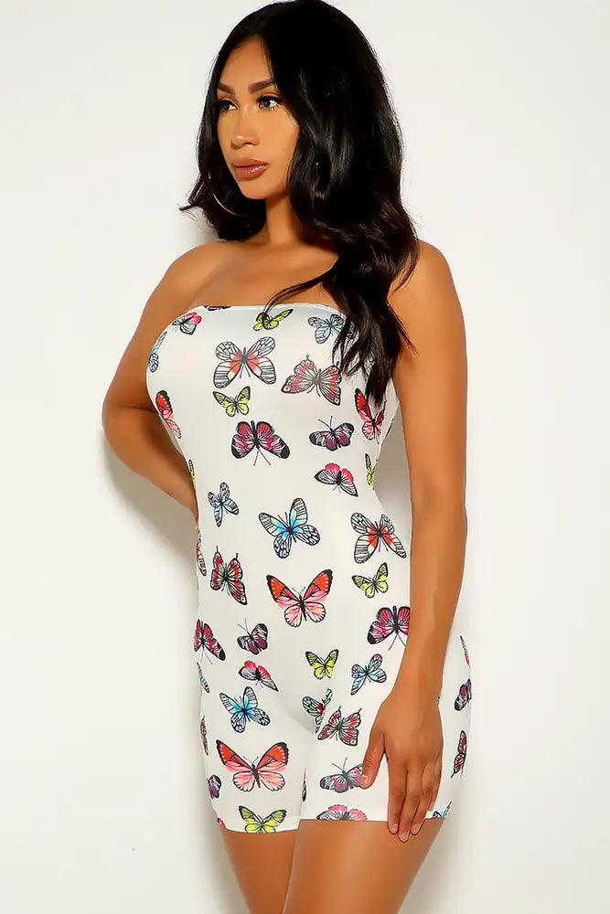 White Butterfly Print Strapless Romper - AMIClubwear