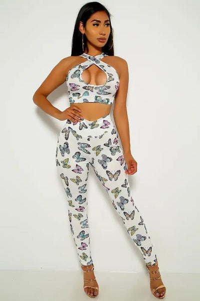 White Butterfly Print Two Piece Outfit - AMIClubwear