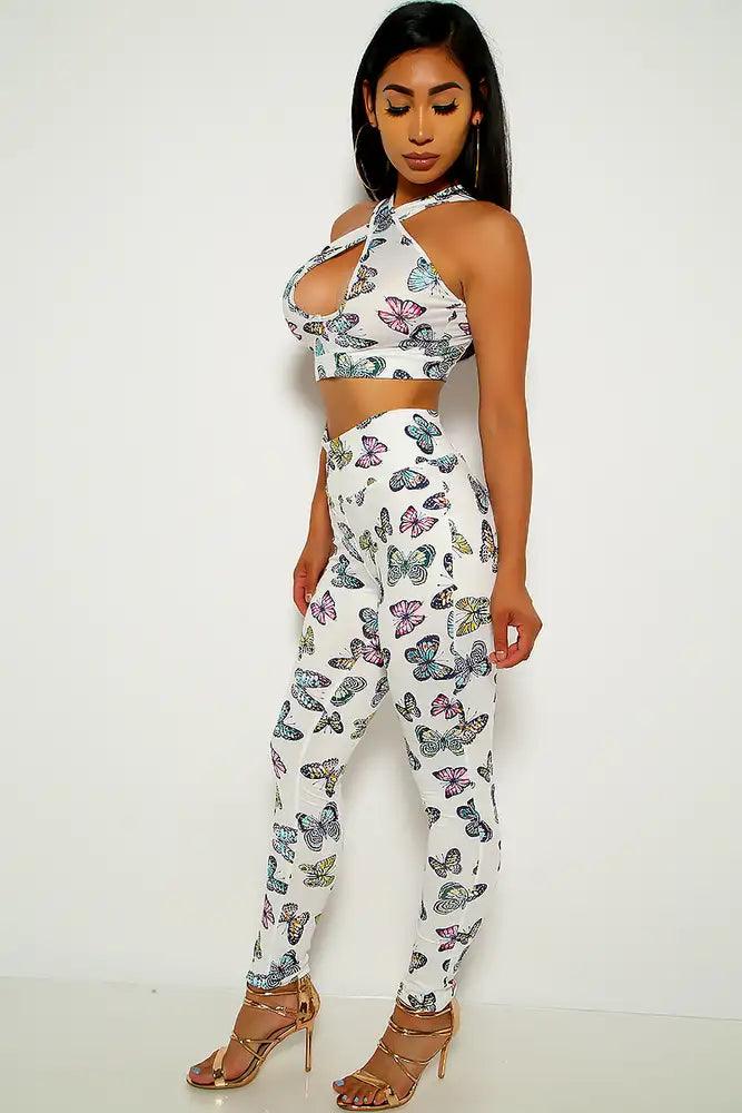 White Butterfly Print Two Piece Outfit - AMIClubwear