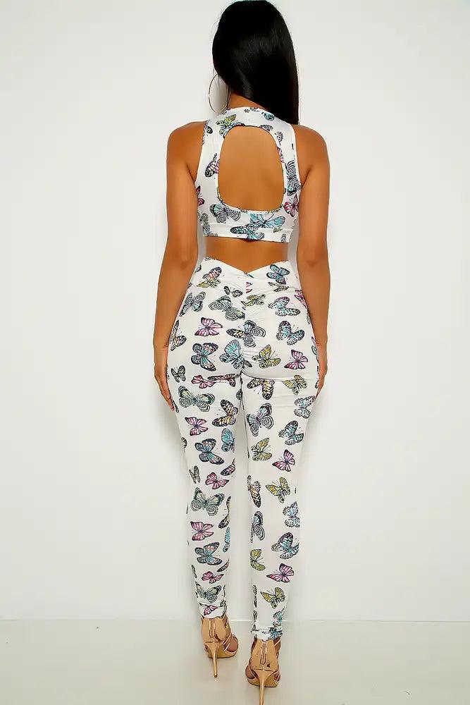 White Butterfly Print Two Piece Outfit - AMIClubwear
