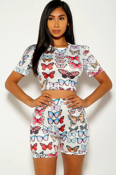 White Butterfly Short Sleeve Two Piece Outfit - AMIClubwear