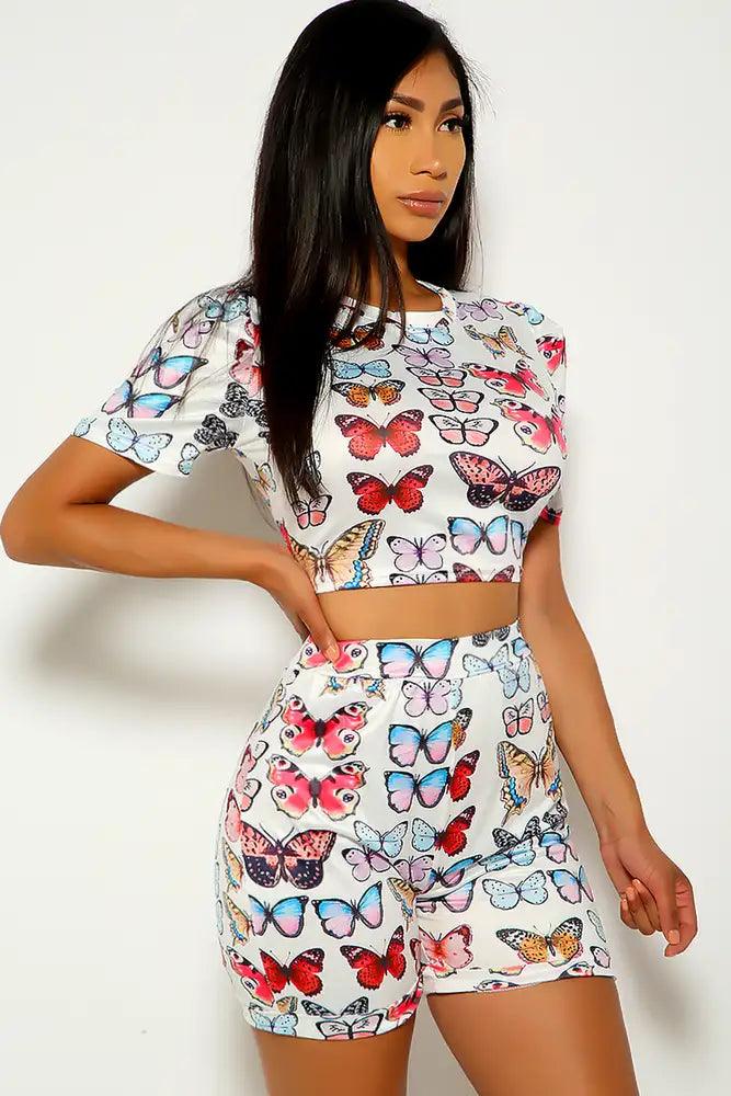 White Butterfly Short Sleeve Two Piece Outfit - AMIClubwear