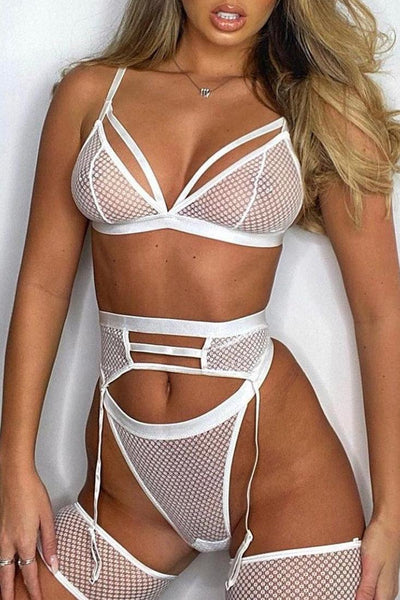 White Caged Sexy Netted Four Piece Lingerie Set - AMIClubwear