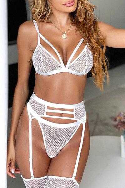 White Caged Sexy Netted Four Piece Lingerie Set - AMIClubwear