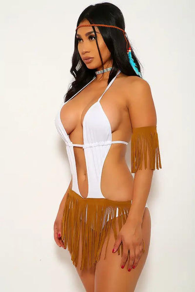 White Camel Fringed Sexy Indian 4 Pc Halloween Costume - AMIClubwear