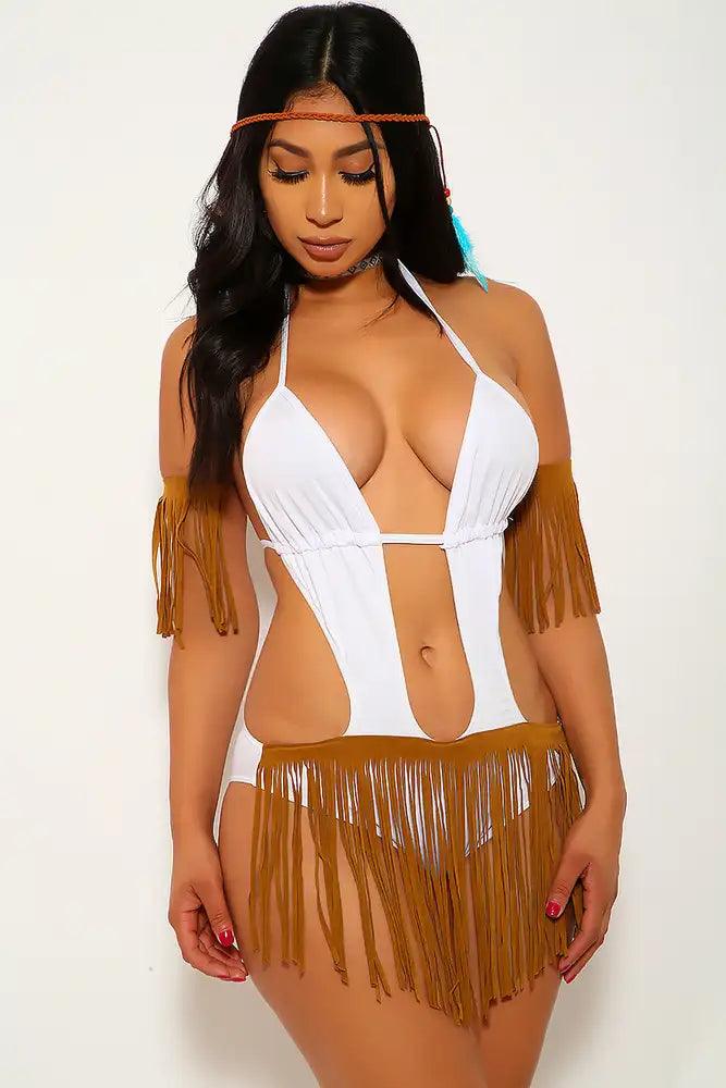 White Camel Fringed Sexy Indian 4 Pc Halloween Costume - AMIClubwear