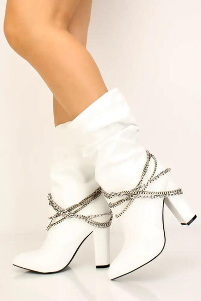 White Chain Pointy Toe Chunky Heel Booties - AMIClubwear