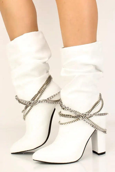 White Chain Pointy Toe Chunky Heel Booties - AMIClubwear
