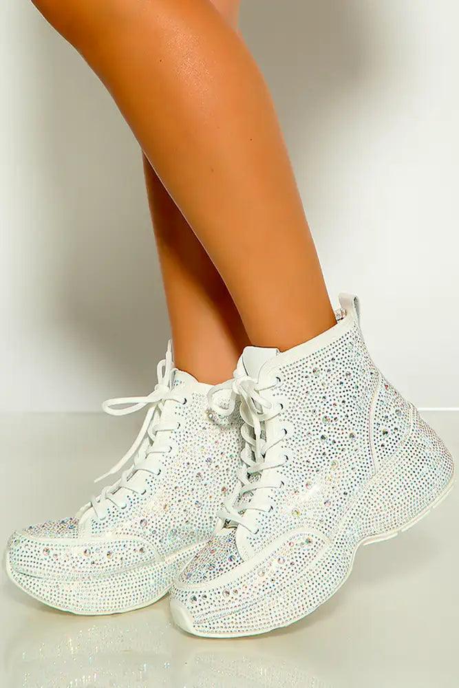 White Closed Toe Lace Up All Over Rhinestone High Top Sneakers - AMIClubwear