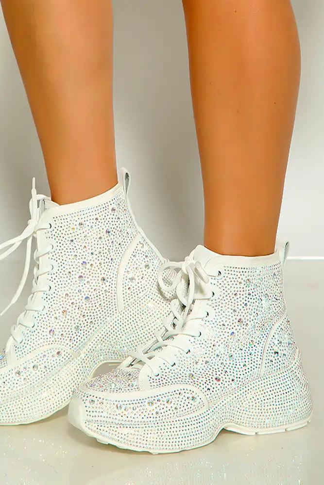 White Closed Toe Lace Up All Over Rhinestone High Top Sneakers - AMIClubwear