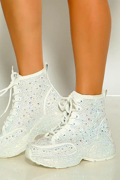 White Closed Toe Lace Up All Over Rhinestone High Top Sneakers - AMIClubwear