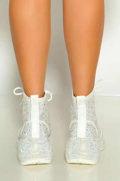 White Closed Toe Lace Up All Over Rhinestone High Top Sneakers - AMIClubwear