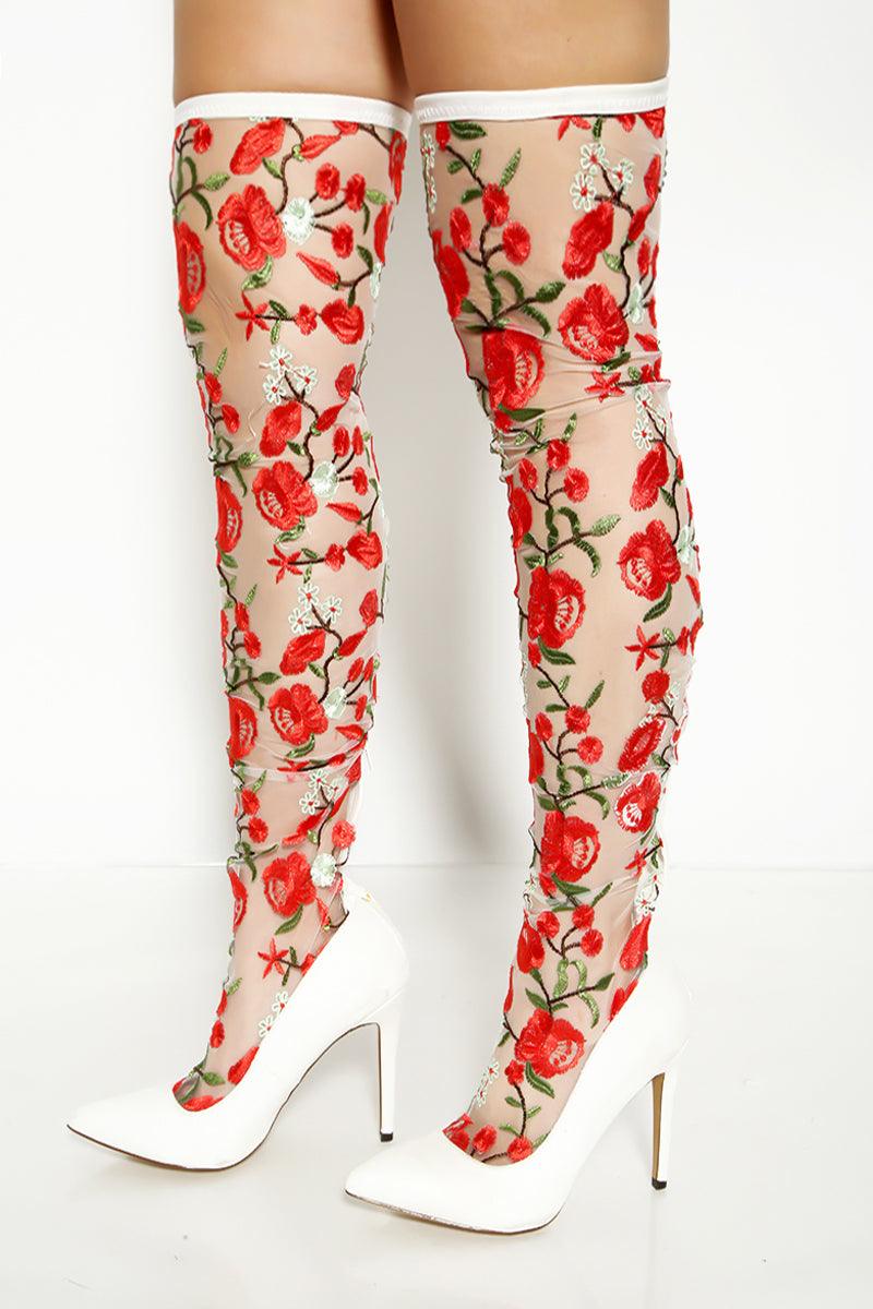 White Colorful Floral Lace Thigh High Stiletto Boots - AMIClubwear