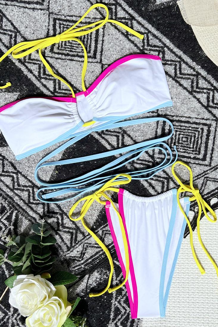 White Colorful Strappy Halter Cheeky 2 Pc Bikini Set - AMIClubwear