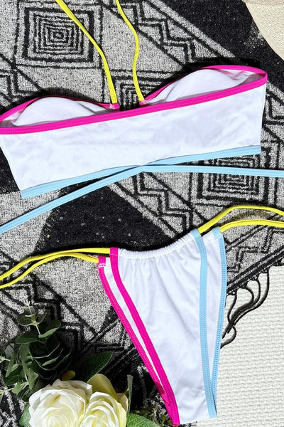 White Colorful Strappy Halter Cheeky 2 Pc Bikini Set - AMIClubwear