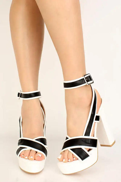 White Criss Cross Platform Chunky Heels - AMIClubwear