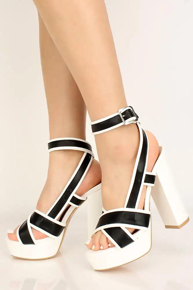 White Criss Cross Platform Chunky Heels - AMIClubwear