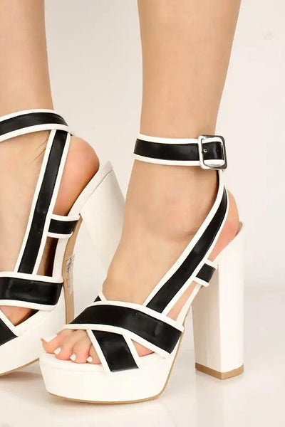 White Criss Cross Platform Chunky Heels - AMIClubwear