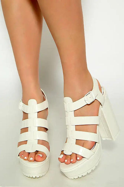 White Crocodile Open Toe Strappy Platform High Heels - AMIClubwear