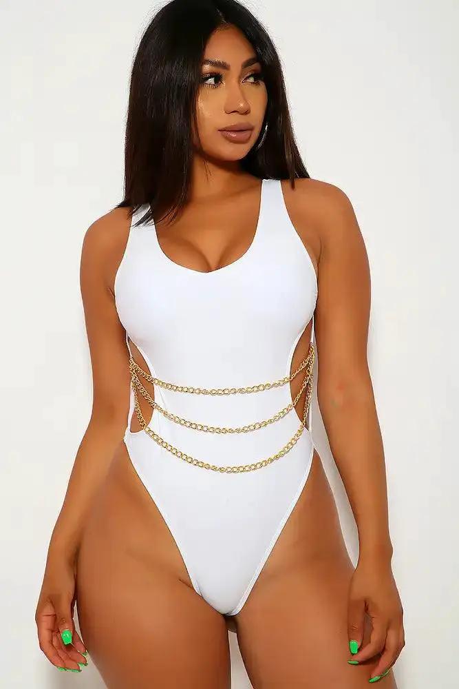 Underwire Wrap Around Cut Out Monokini With Gold Chain Details- White