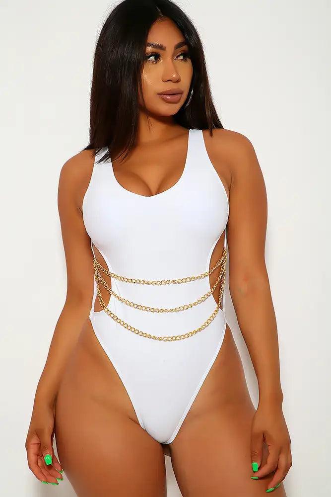 White Cut Out Chain Cheeky Monokini - AMIClubwear