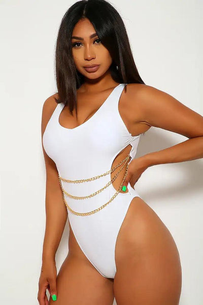 White Cut Out Chain Cheeky Monokini - AMIClubwear