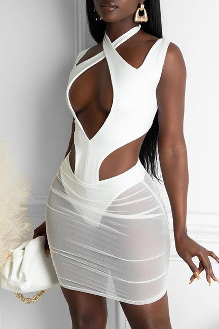 White Cut Out Halter Two Piece Sexy Swimsuit - AMIClubwear