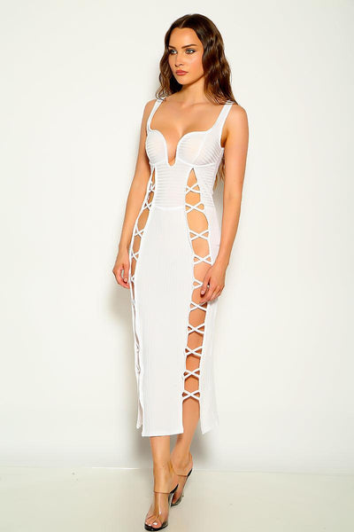 White Cut Out Sleeveless Sexy Maxi Party Dress - AMIClubwear