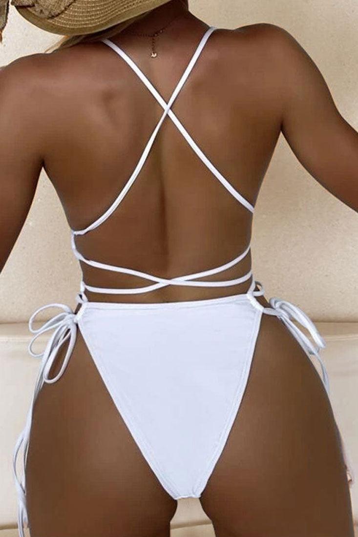 White Deep V-Cut One Piece Swimsuit - AMIClubwear