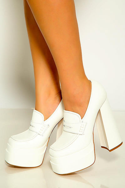 White Double Stacked Platform Pumps - AMIClubwear