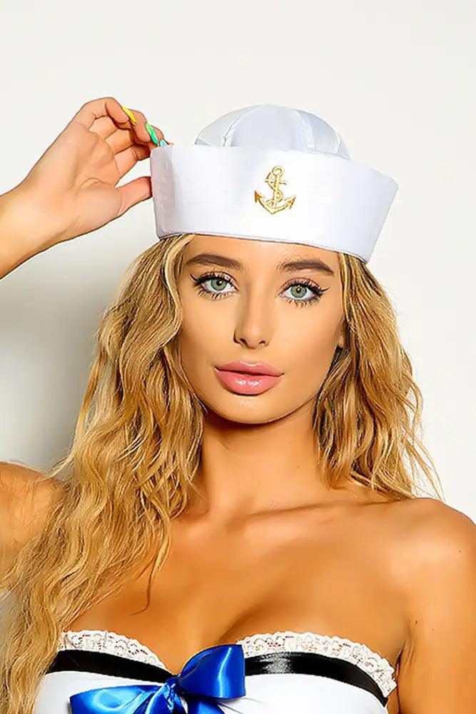 White Embroidered Anchor Detail Sailor Hat Costume Accessory - AMIClubwear