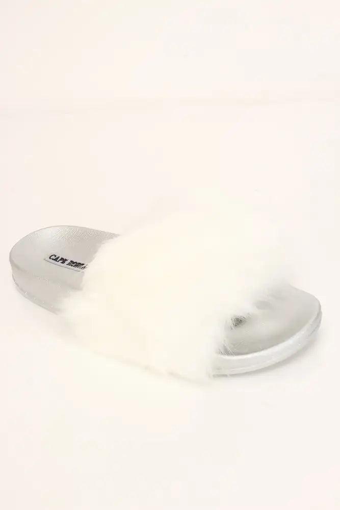 White Faux Fur Slip On Sandals - AMIClubwear