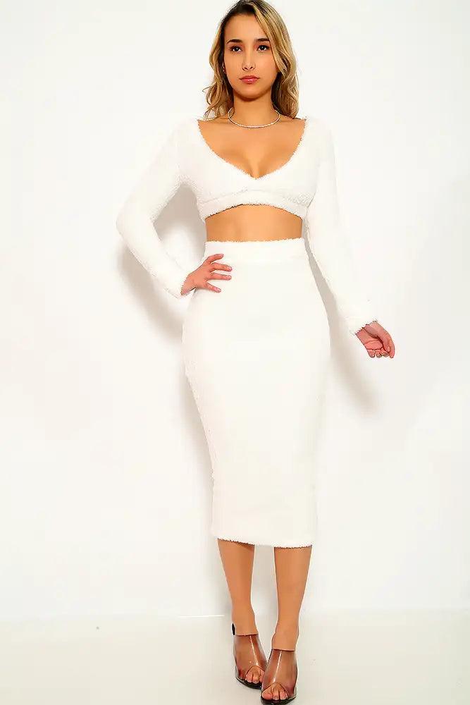 White Faux Fur Two Piece Dress - AMIClubwear