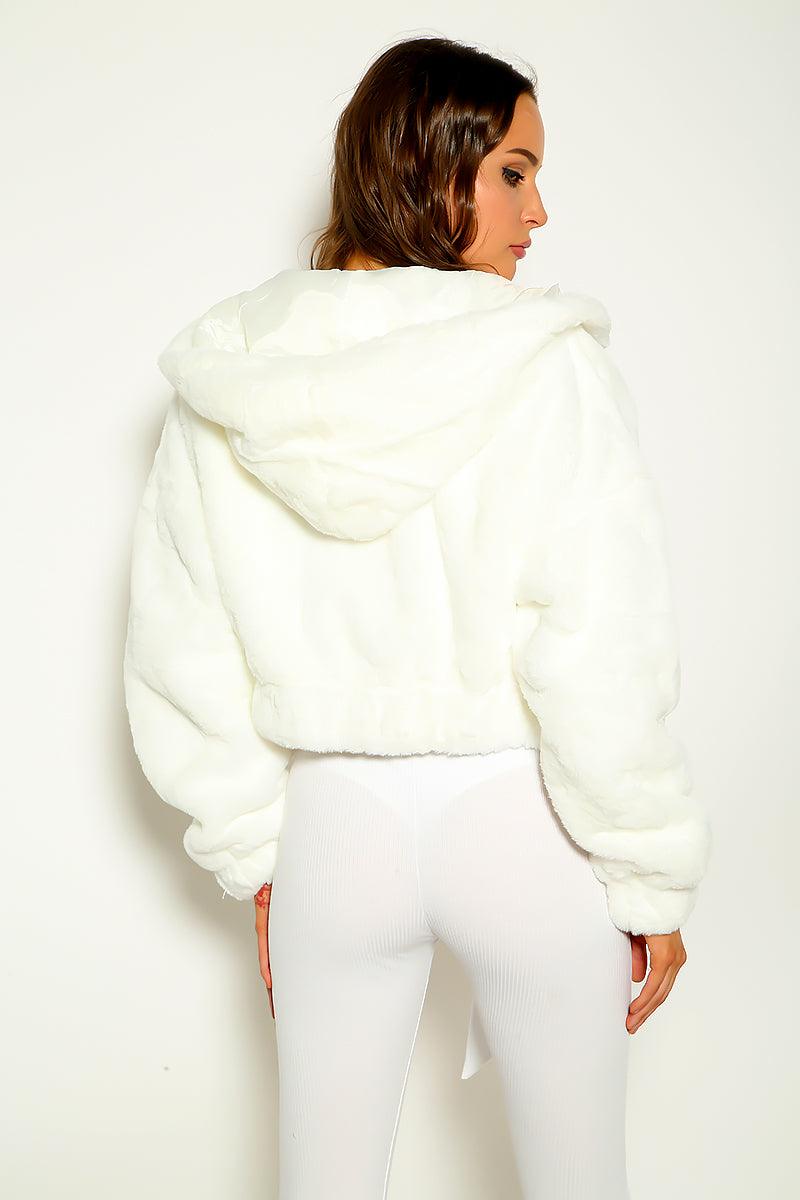 White Faux Fur Zip Up Fluffy Hoodie Jacket - AMIClubwear