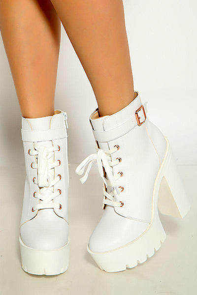 White Faux Leather Buckle Ankle Platform Heels Boots Booties - AMIClubwear