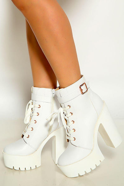 White Faux Leather Buckle Ankle Platform Heels Boots Booties - AMIClubwear