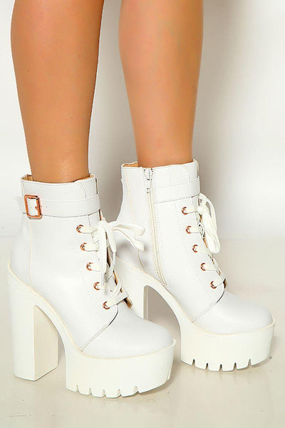 White Faux Leather Buckle Ankle Platform Heels Boots Booties - AMIClubwear