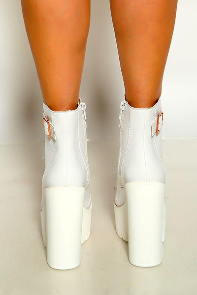 White Faux Leather Buckle Ankle Platform Heels Boots Booties - AMIClubwear