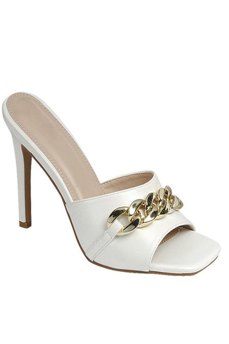 White Faux Leather Gold Chain Open Toe Slip On High Heels - AMIClubwear