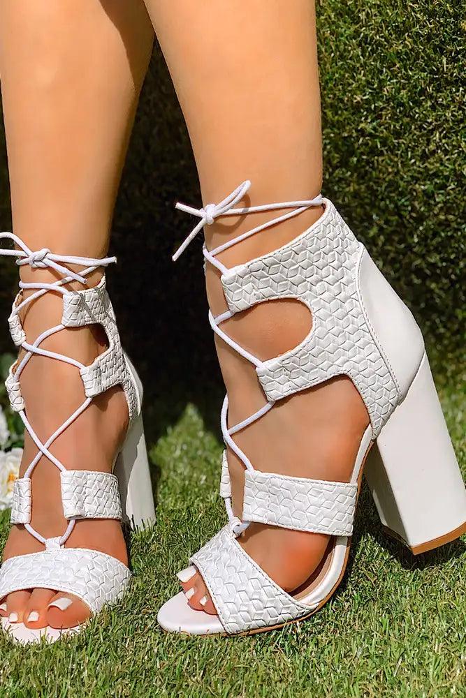 White Faux Leather Lace Up Chunky Heels - AMIClubwear