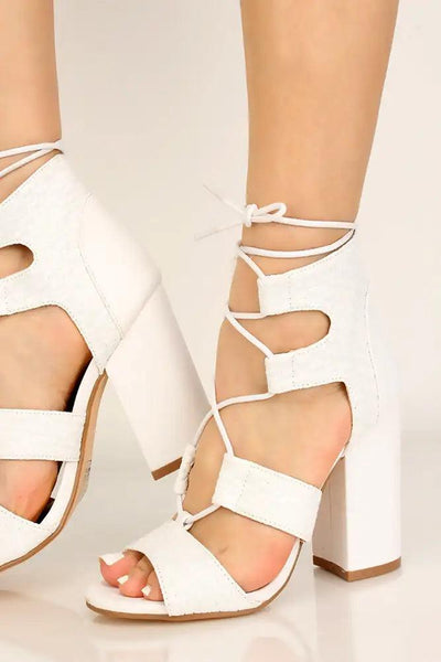 White Faux Leather Lace Up Chunky Heels - AMIClubwear