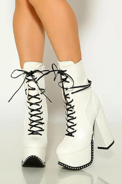 White Faux Leather Lace Up Studded Platform Chunky High Heel Booties - AMIClubwear