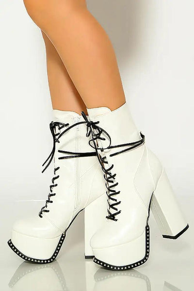 White Faux Leather Lace Up Studded Platform Chunky High Heel Booties - AMIClubwear