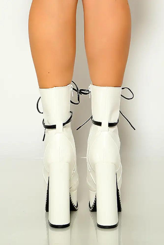 White Faux Leather Lace Up Studded Platform Chunky High Heel Booties - AMIClubwear