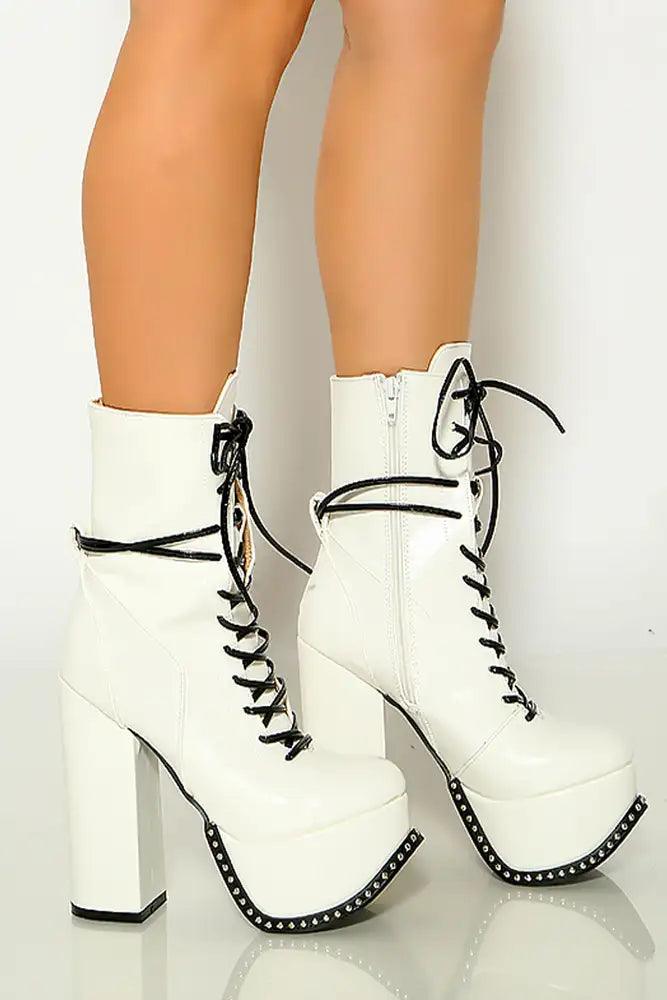 White Faux Leather Lace Up Studded Platform Chunky High Heel Booties - AMIClubwear