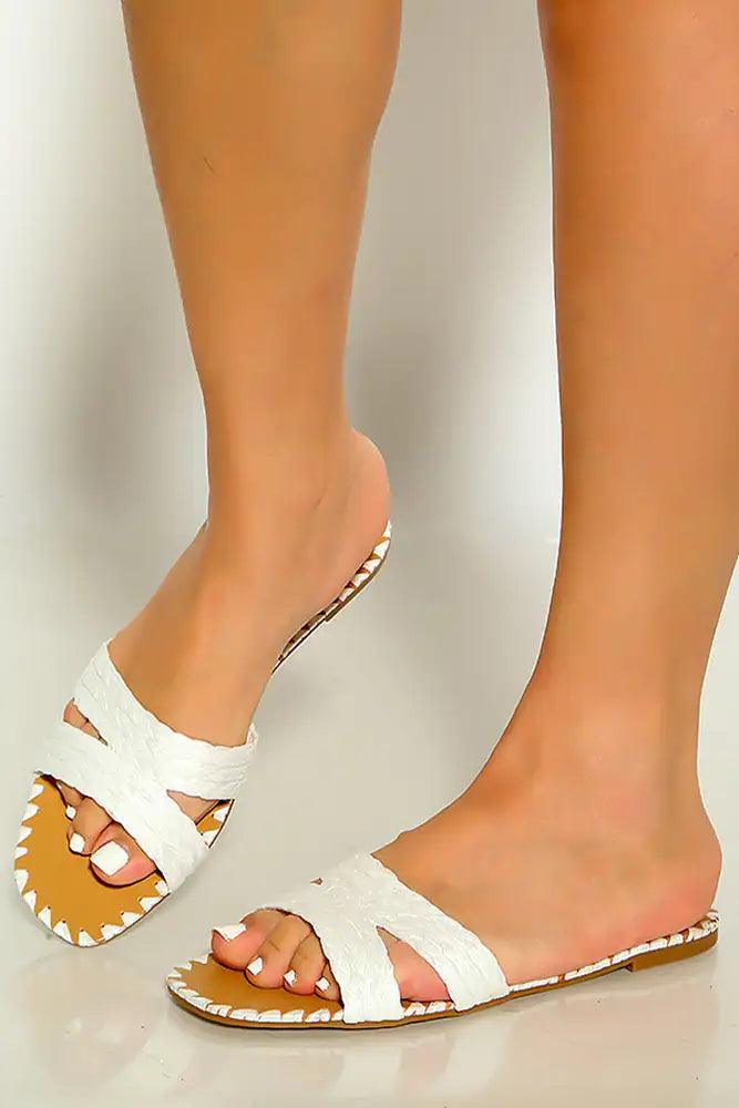 White Faux Leather Open Toe Woven Slip On Sandals - AMIClubwear