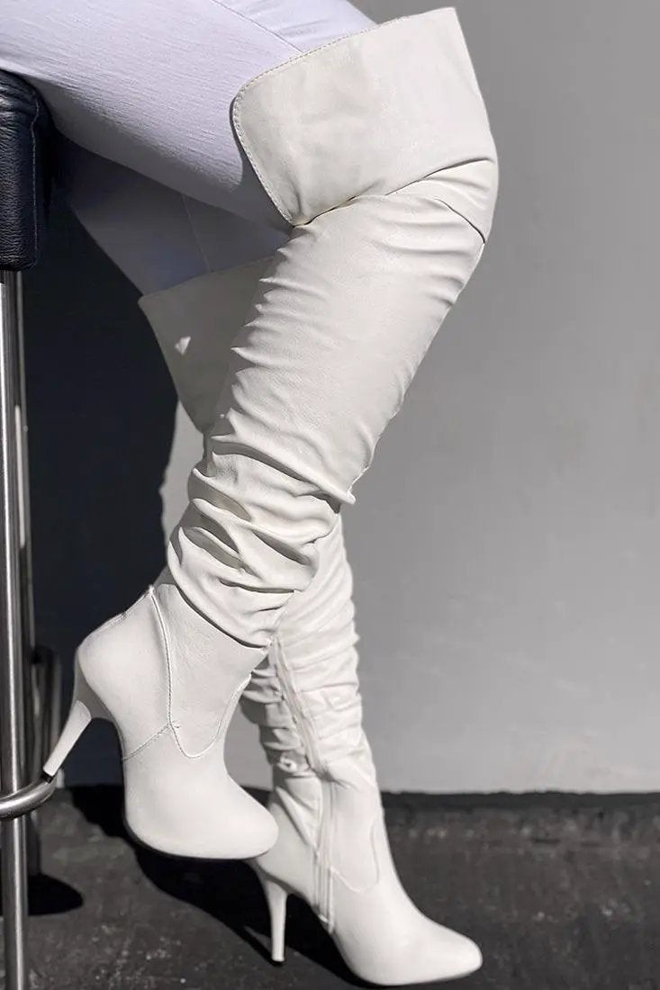 Journee Collection Women's THERESE Thigh-High Boots - Faux Leather, 3.25" Block Heel, Pointed Toe, Wide Calf Option